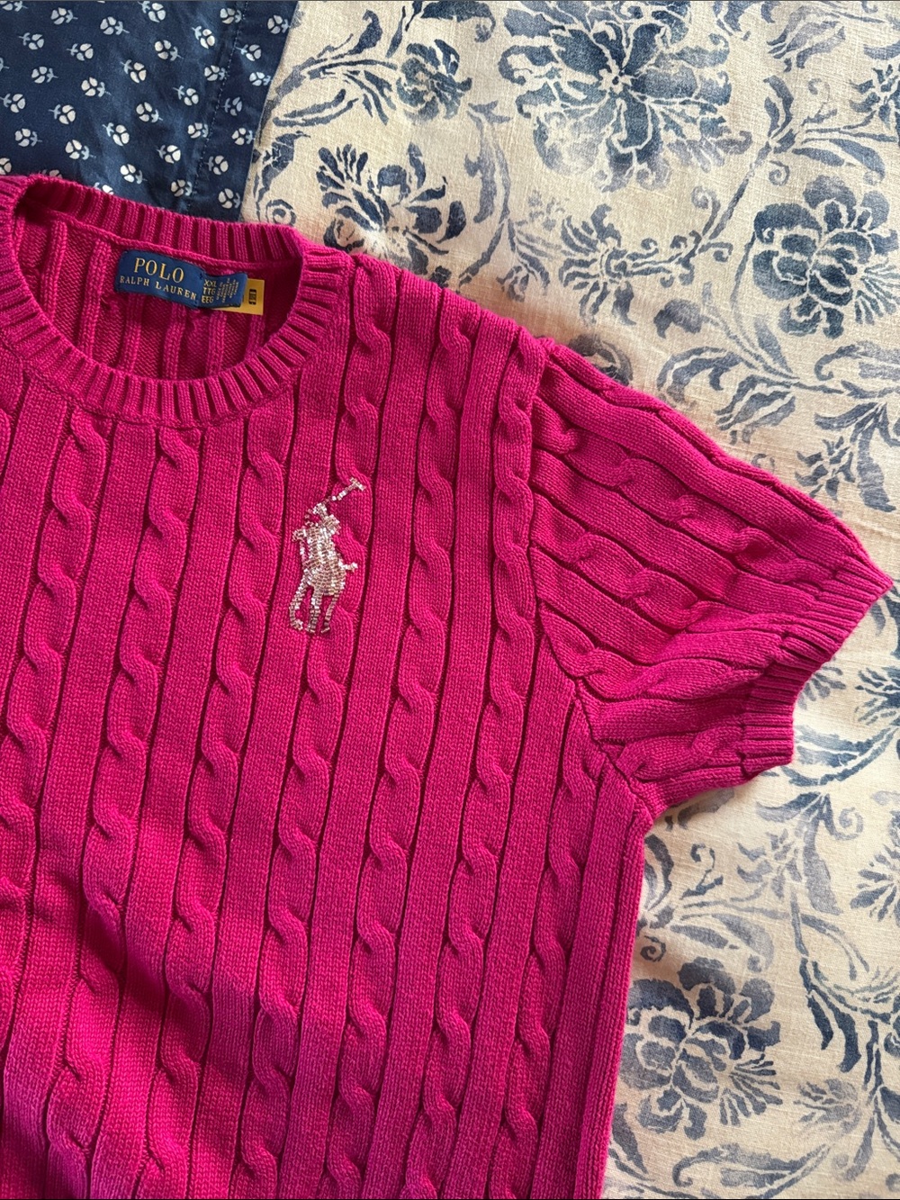 RL Fuchsia Beaded Big Pony Cable-Knit Crewneck Sweater Tee
